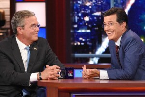 Republican Presidential candidate Jeb Bush chats with Stephen on the premiere of The Late Show with Stephen Colbert, Tuesday Sept. 8, 2015 on the CBS Television Network. Photo: Jeffrey R. Staab/CBS ÃÂ©2015 CBS Broadcasting Inc. All Rights Reserved
